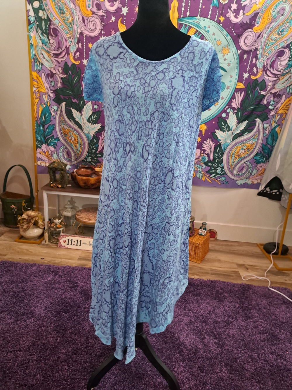 Seafoam Spell – 100% Cotton Hand-Dyed Boho Fairy Maxi Dress with Lace Sleeves –